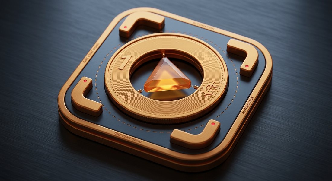The onecentdemo icon: a coin with a play button, inside capture brackets